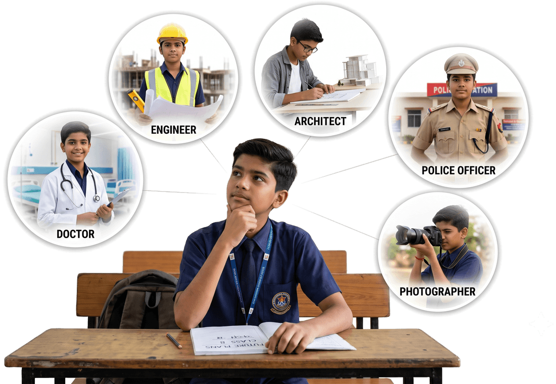 A student weighing career paths — doctor, engineer, architect, police officer, photographer