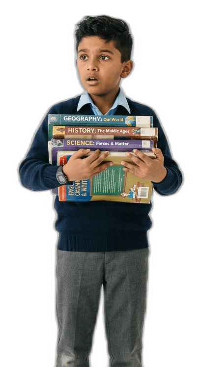 Student carrying a stack of textbooks